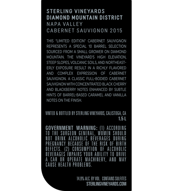 2015 Sterling Vineyards Limited Edition Diamond Mountain District Napa Valley Cabernet Sauvignon Magnum Back Label